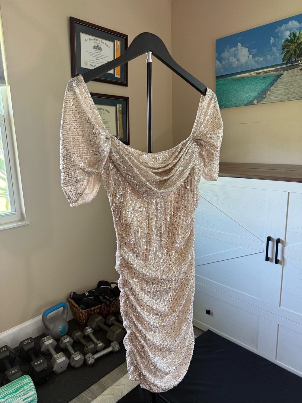 Sequin Draped Off-Shoulder Cocktail Dress - Champagne homecoming hoco